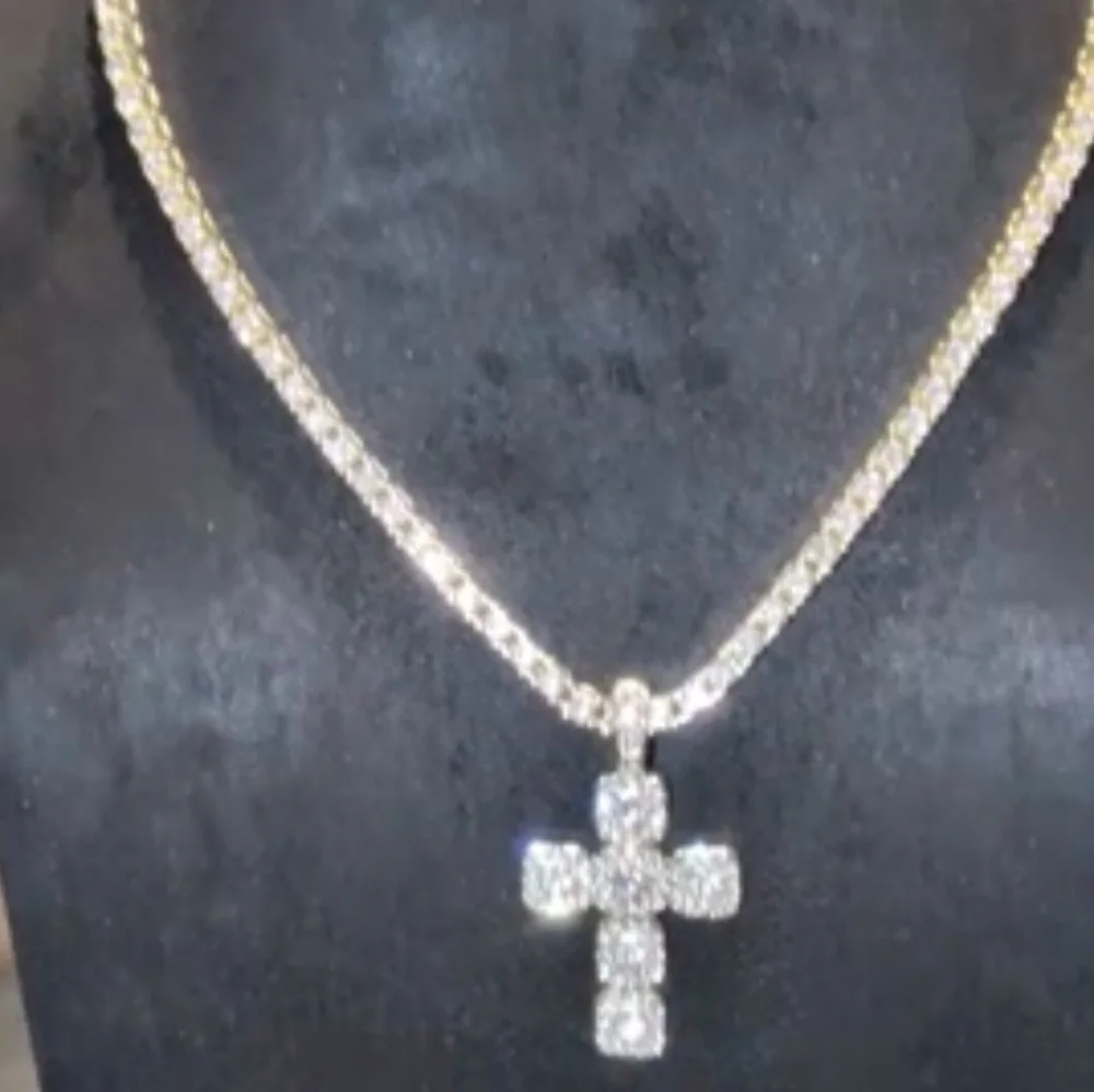 14k Yellow Gold Plated Lab Created Diamond Cross Pendant Tennis Necklace 18